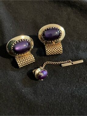 Estate Gold-Tone Cufflinks and Tie Tack with Purple Cabochons